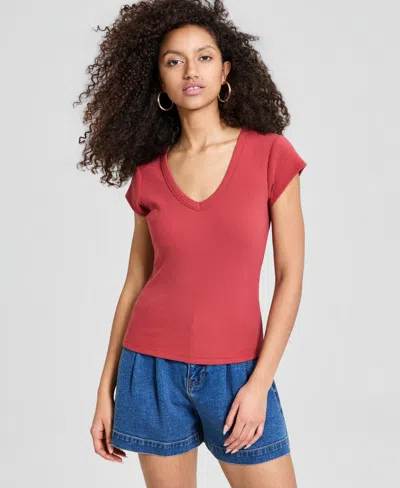 And Now This Women's V-neck Rib-knit Short-sleeve T-shirt, Macy's Exclusive In Red