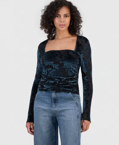 And Now This Women's Velvet Burnout Knit Ruched Blouse, Macy's Exclusive In Blue