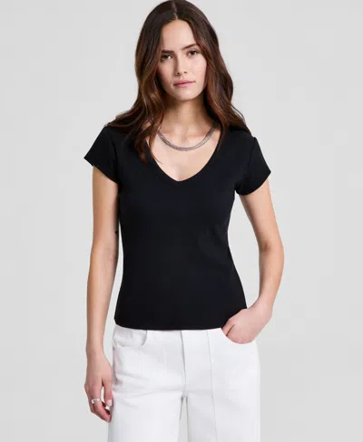 And Now This Women's V-neck Rib-knit Short-sleeve T-shirt, Macy's Exclusive In Black