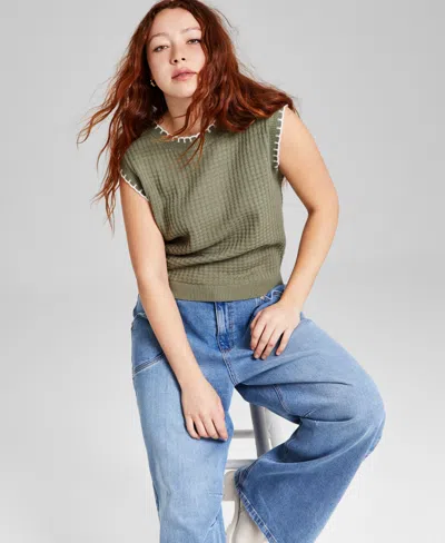 And Now This Women's Whip Stitch Crewneck Sweater Vest, Regular & Petites, Exclusively At Macy's In Olive