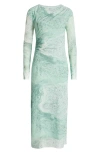 & Other Stories Abstract Print Long Sleeve Mesh Dress In Green Medium Dusty