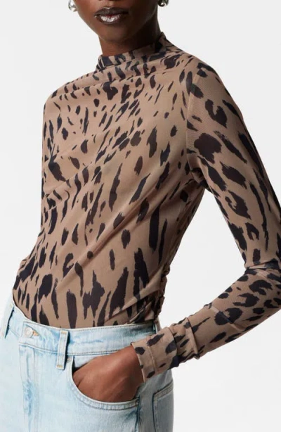 & Other Stories Animal Print Long Sleeve Mesh Top In Beige Medium Dusty