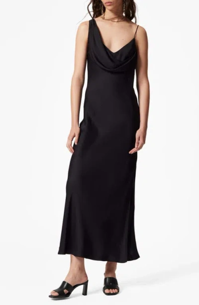 & Other Stories Asymmetric Cowl Neck Satin Midi Dress In Black Dark