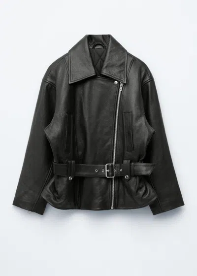 & Other Stories Belted Leather Biker Jacket In Black