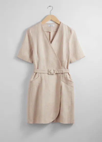 & Other Stories Belted Linen Mini Dress In Beige
