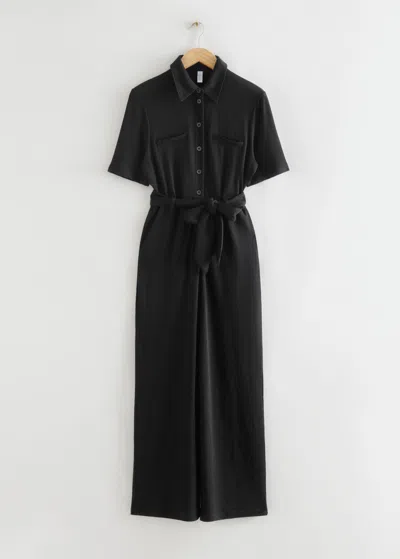 & Other Stories Belted Short Sleeve Jumpsuit In Black