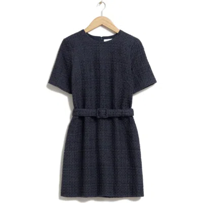 & Other Stories Belted Short Sleeve Tweed Dress In Blue