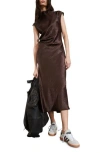 & Other Stories Tania Cap Sleeve Satin Midi Dress In Brown Dark
