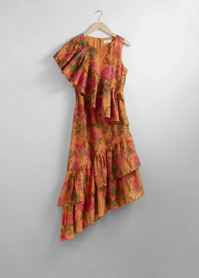 & Other Stories Cascading Ruffle Midi Dress In Orange