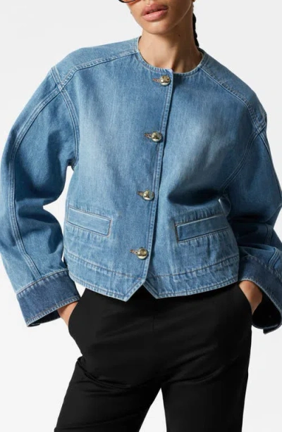 & Other Stories Collarless Crop Denim Jacket In Blue Medium Dusty