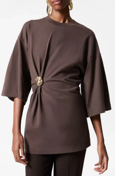 & Other Stories Draped Brooch Tunic T-shirt In Brown Dark