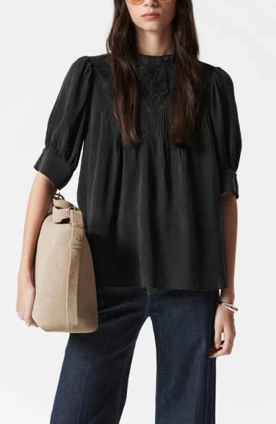 & Other Stories Embroidered Pintuck Lace Top In Black Dark