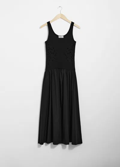 & Other Stories Embroidered Tank Midi Dress In Black
