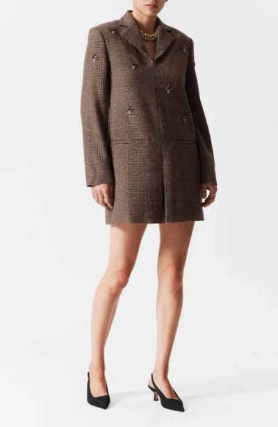 & Other Stories Eva Rhinestone Embroidery Houndstooth Check Long Sleeve Wool Minidress In Brown Medium Dusty