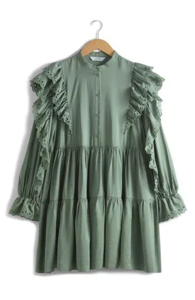 & Other Stories Eyelet Ruffle Long Sleeve Mini Shirtdress In Khaki Green Medium