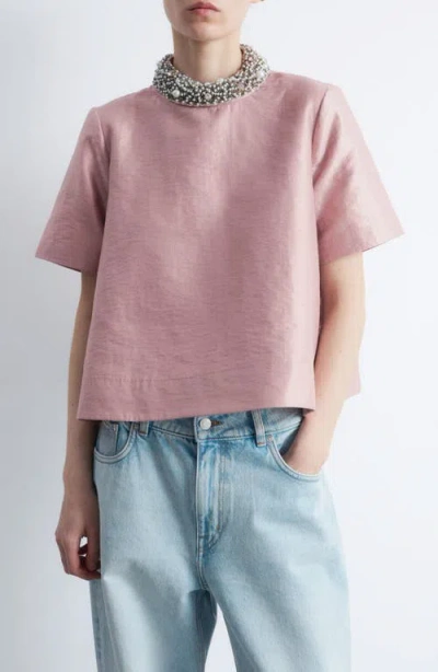 & Other Stories Faux Pearl & Rhinestone Collar Boxy Top In Pink