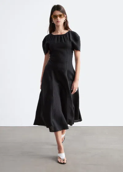 & Other Stories Flared Linen Midi Dress In Black