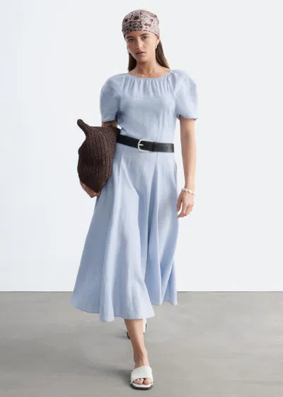 & Other Stories Flared Linen Midi Dress In Blue