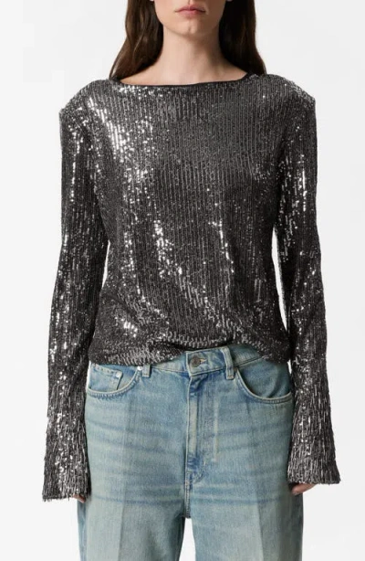 & Other Stories Flared Sleeve Sequin Top In Grey Dark