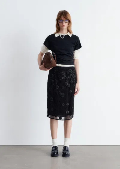 & Other Stories Floral-appliqué Mesh Midi Skirt In Black