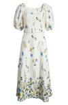 & OTHER STORIES FLORAL BELTED PUFF SLEEVE LINEN MIDI DRESS