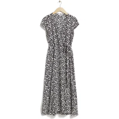 & Other Stories Floral Cap Sleeve Wrap Dress In Black