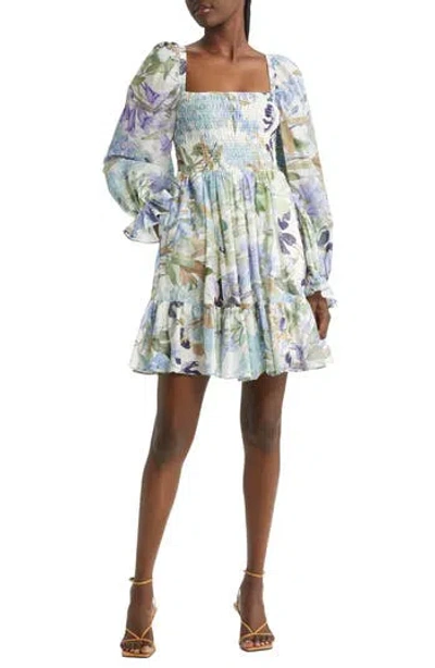 & Other Stories Floral Long Sleeve Smocked Cotton Dress In Blue