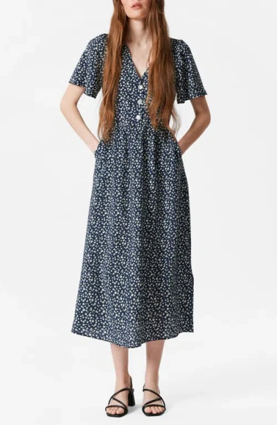 & Other Stories Floral Print A-line Midi Dress In Blue Dark