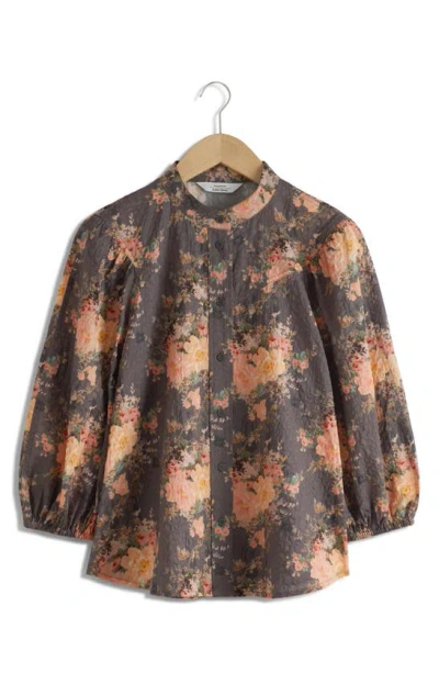 & Other Stories Floral Print Cotton Shirt In Grey Medium Dusty