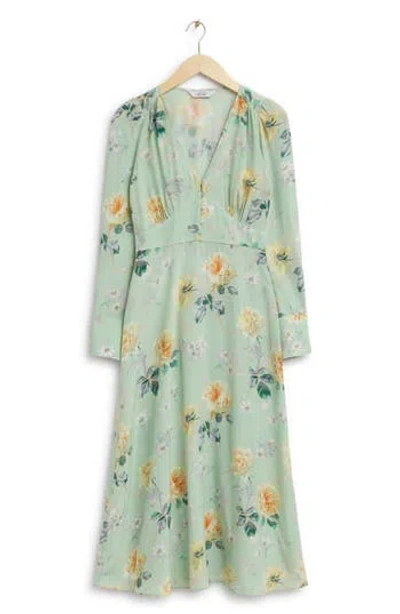 & Other Stories Floral Print Long Sleeve Midi Dress In Green