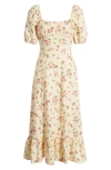 & OTHER STORIES FLORAL PUFF SLEEVE LINEN MIDI DRESS