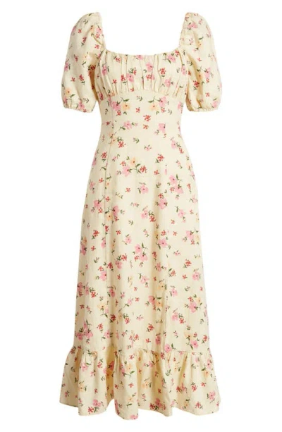 & Other Stories Floral Puff Sleeve Linen Midi Dress In Adler Aop