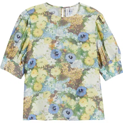 & Other Stories Floral Puff Sleeve Top In Green