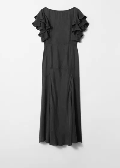 & Other Stories Frilled Satin Maxi Dress In Black