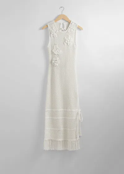& Other Stories Fringed Crochet Midi Dress In White