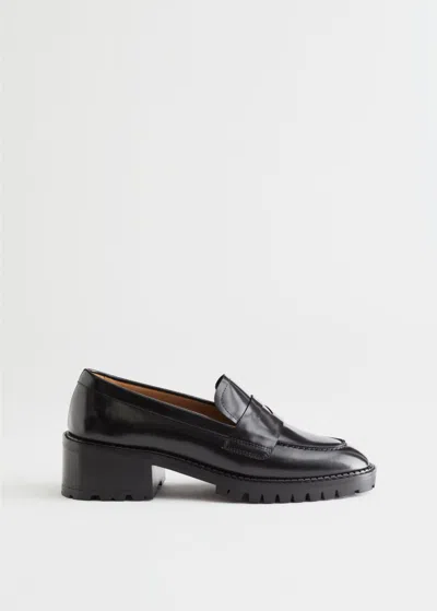 & Other Stories Heeled Leather Penny Loafers In Black
