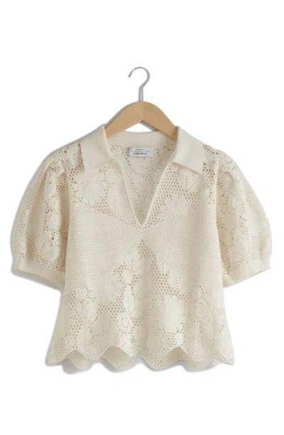 & Other Stories Lace Puff Sleeve Jumper In White Dusty Light