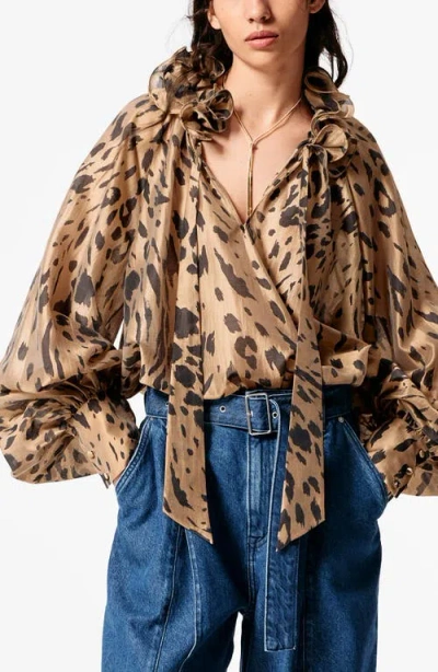 & Other Stories Leopard Print Ruffle Tie Neck Top