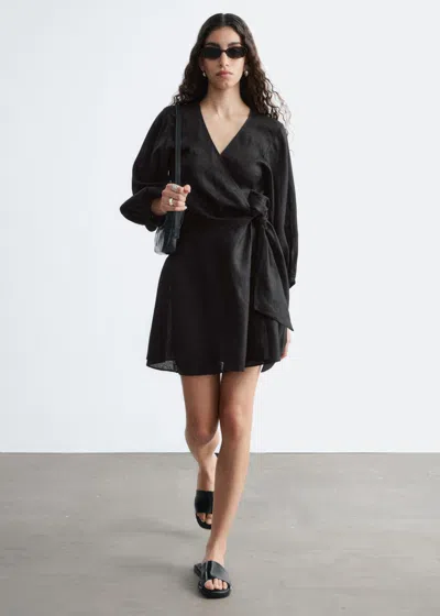 & Other Stories Linen Wrap Mini Dress In Black