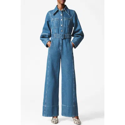 & Other Stories Long Sleeve Belted Wide Leg Denim Jumpsuit In Blue Medium Dusty