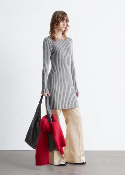 & Other Stories Long-sleeve Rib-knit Mini Dress In Gray