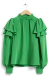 & Other Stories Mulberry Silk Ruffle Long Sleeve Button-up Shirt In Green