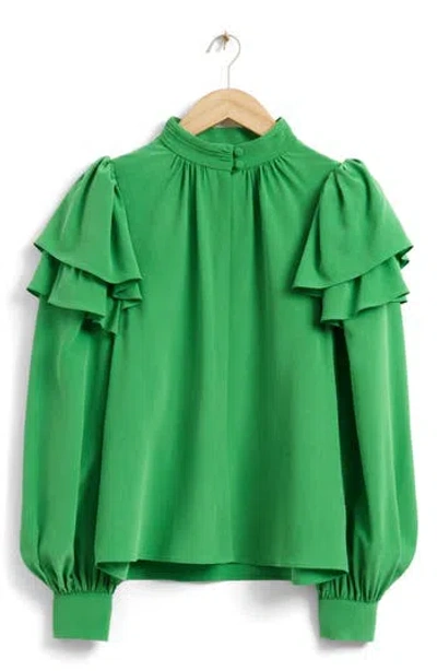 & Other Stories Mulberry Silk Ruffle Long Sleeve Button-up Shirt In Green