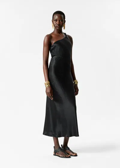 & Other Stories One-shoulder Satin Midi Dress In Black