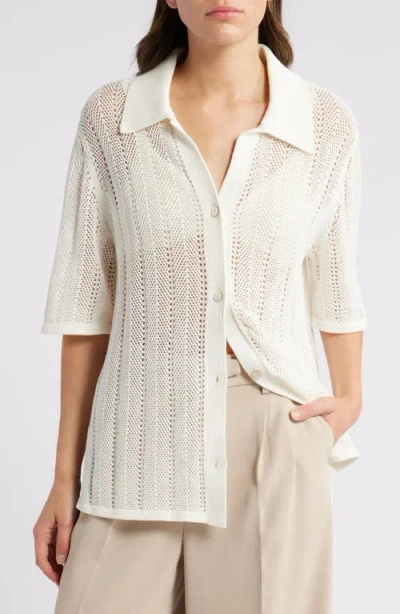 & Other Stories Open Stitch Short Sleeve Cotton Blend Cardigan Shirt In White Dusty Light