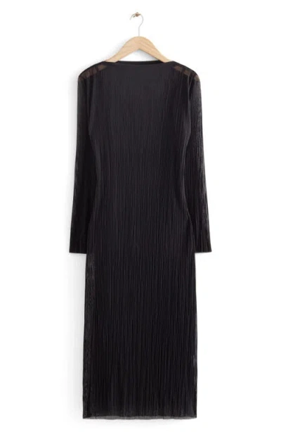& Other Stories Plissé Long Sleeve Mesh Midi Dress In Black Dark