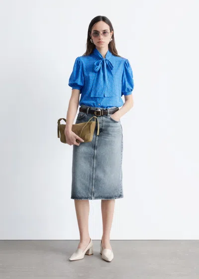 & Other Stories Printed Tie-neck Silk Blouse In Blue