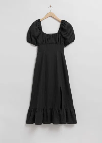 & OTHER STORIES PUFF SLEEVE LINEN MIDI DRESS