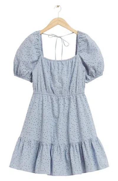 & Other Stories Puff Sleeve Organic Cotton Eyelet Dress In Blue