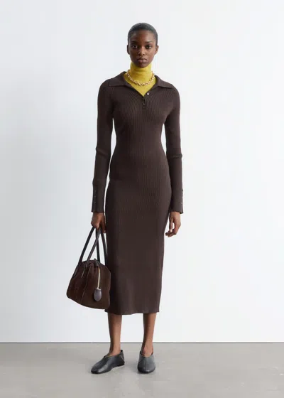 & Other Stories Rib-knit Polo Midi Dress In Brown